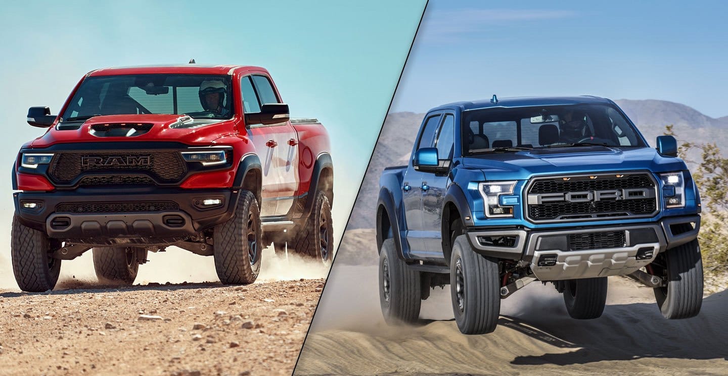 2021 Ram Trx Vs Ford F 150 Raptor Performance 0 60 Top Speed Prices Features